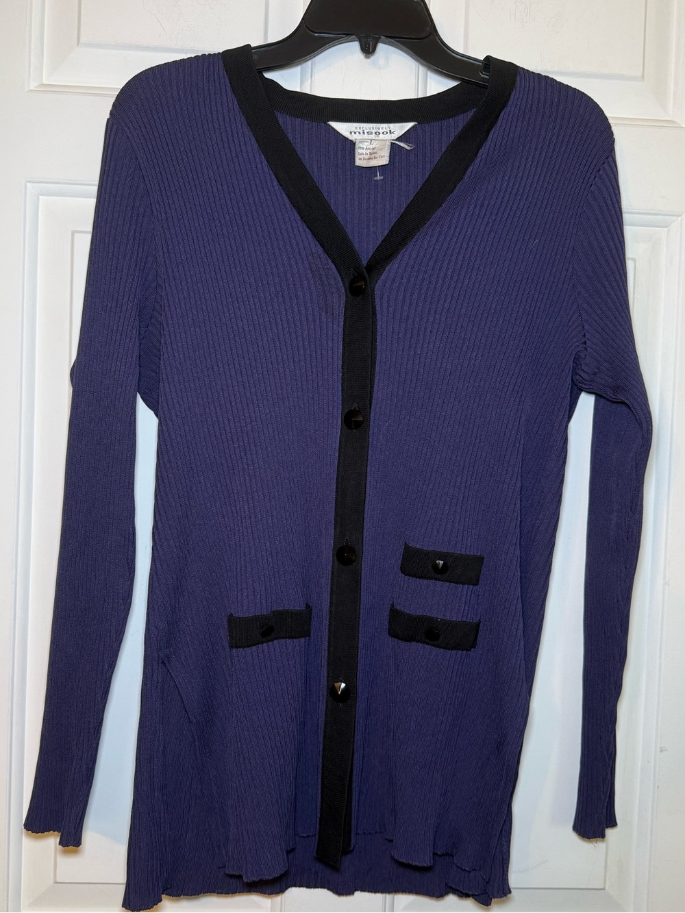 Misook Vintage Purple Ribbed Knit Button Up Cardigan Sweater LARGE Black Piping